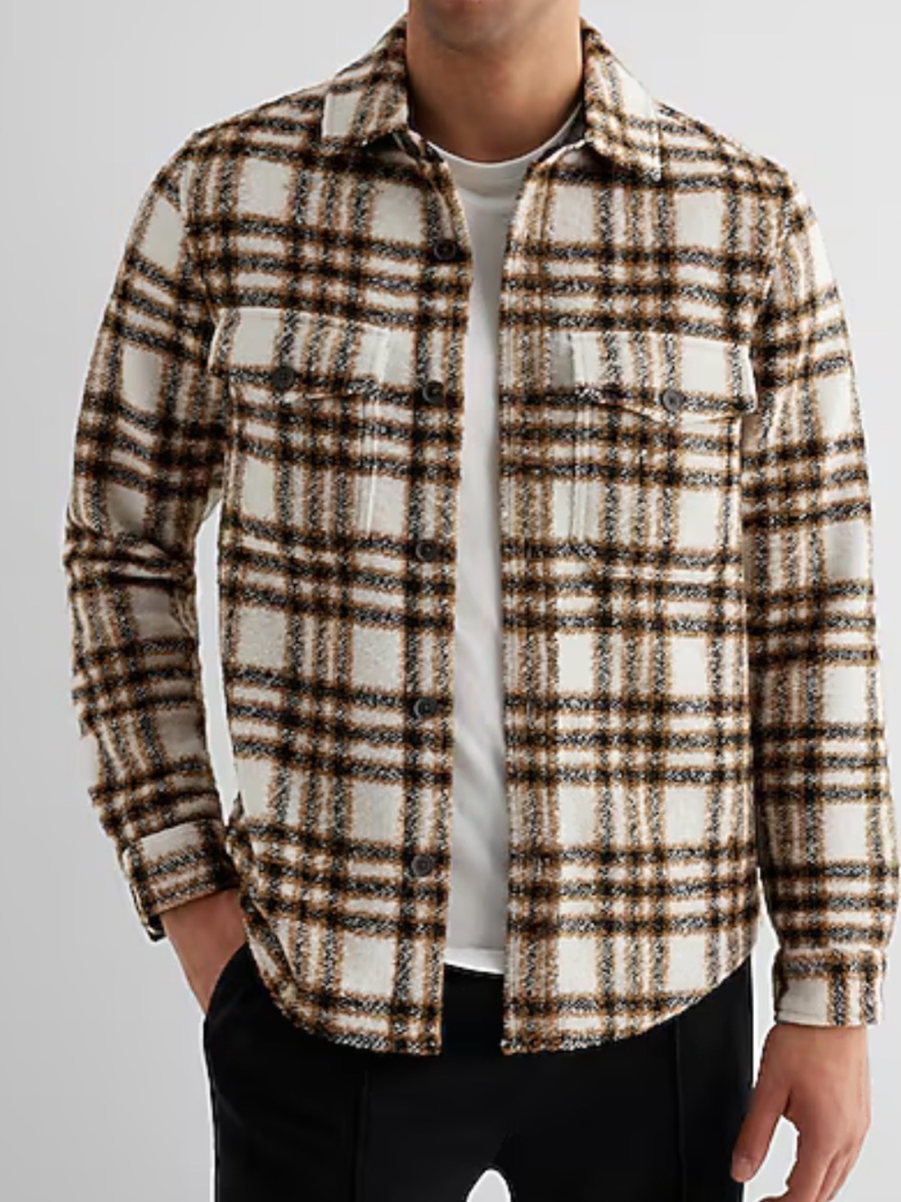 Express Men’s Flecked Plaid Wool-Blend Shirt Jacket Size Medium Shacket Button